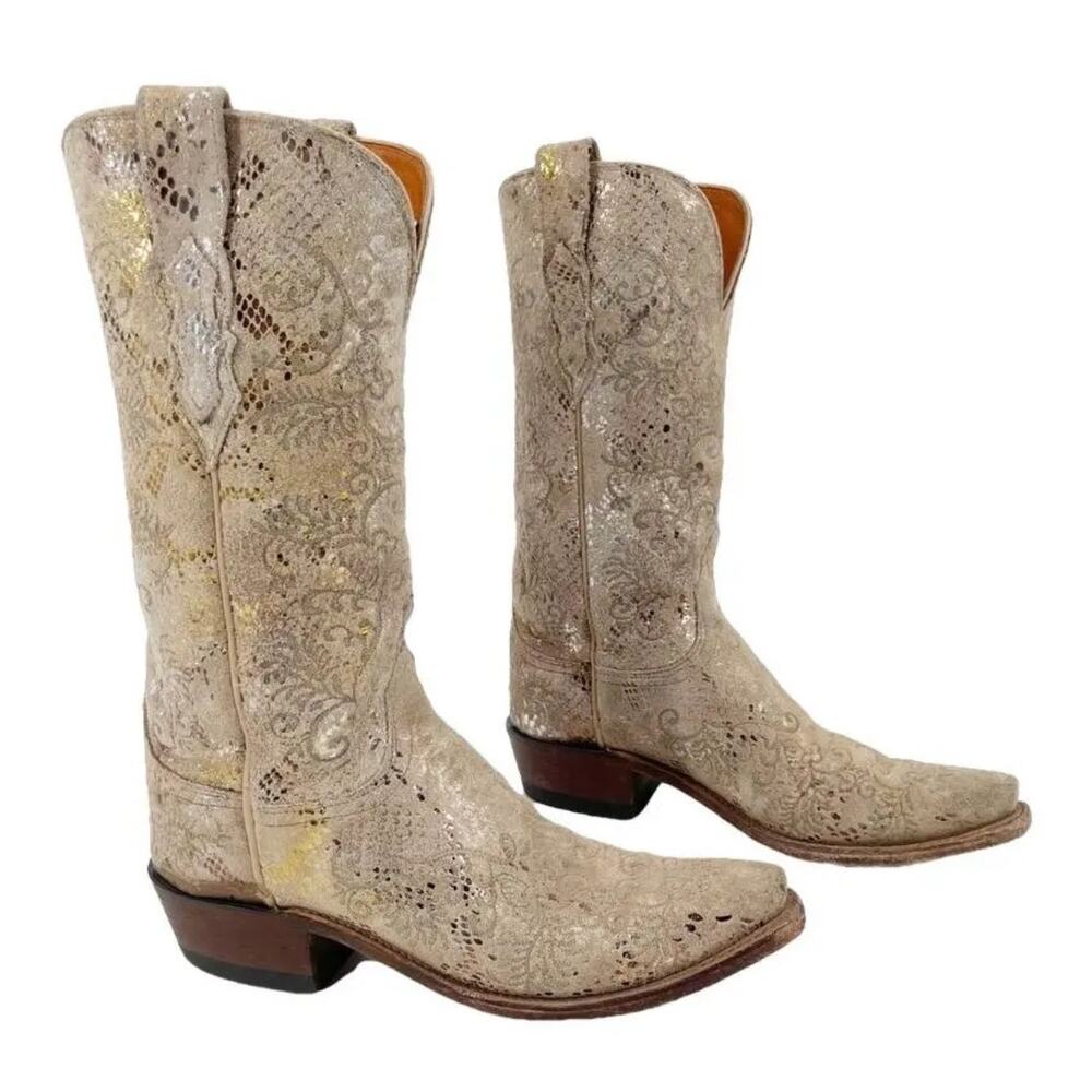 Lucchese Cream Laser-Cut Leather Western Heeled Boots